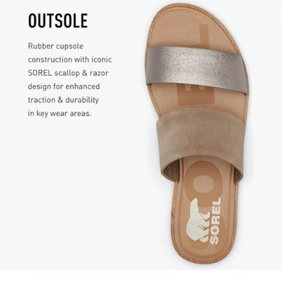 Sorel Women's Ella II Slide Sandals / Tan Metallic Slides Flats - Picture 4 of 5